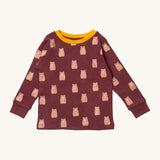 Little Green Radicals brown bear pyjama top. A GOTS organic cotton top in brown with a yellow collar trim and cute brown bear prints. 