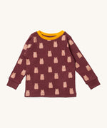 Little Green Radicals brown bear pyjama top. A GOTS organic cotton top in brown with a yellow collar trim and cute brown bear prints. 