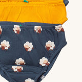 A close up of the Little Green Radicals sleeping sheep underwear 3 pack. Showing the trim detail and and a close up of the prints of sheep on organic cotton fabric