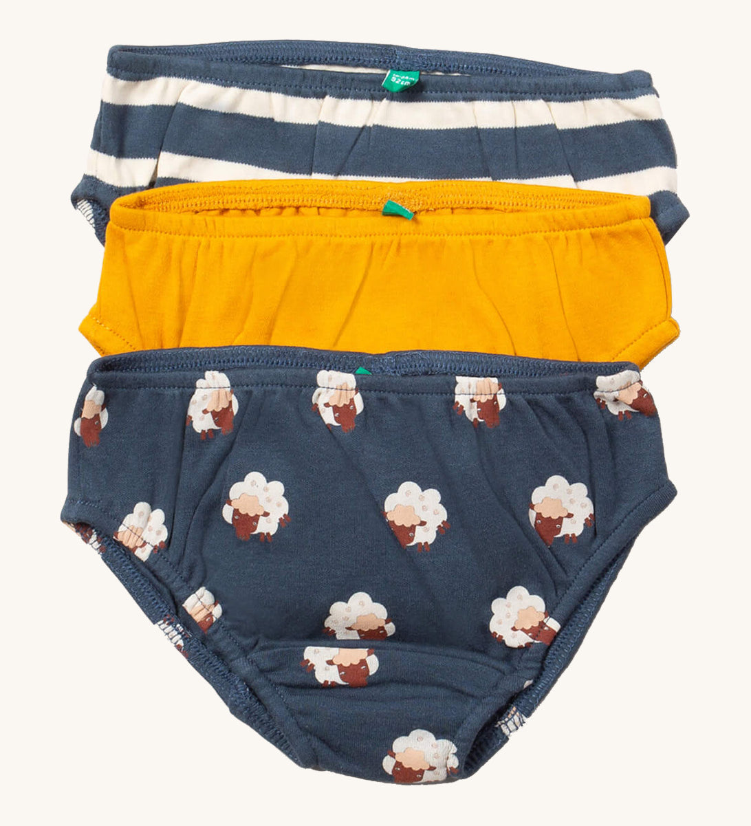 Little Green Radicals sleeping sheep underwear available at Babipur. A GOTS organic cotton underwear multipack, features a blue and white stripe, a yellow coloured and navy coloured underwear with prints of sheep.
