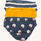 Little Green Radicals sleeping sheep underwear available at Babipur. A GOTS organic cotton underwear multipack, features a blue and white stripe, a yellow coloured and navy coloured underwear with prints of sheep.