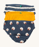 Little Green Radicals sleeping sheep underwear available at Babipur. A GOTS organic cotton underwear multipack, features a blue and white stripe, a yellow coloured and navy coloured underwear with prints of sheep.