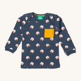 Little Green Radicals sleeping sheep t-shirt. A GOTS organic cotton top with long sleeves in navy with sheep prints all over and a yellow chest pocket.