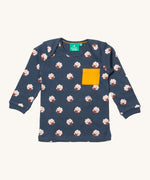 Little Green Radicals sleeping sheep t-shirt. A GOTS organic cotton top with long sleeves in navy with sheep prints all over and a yellow chest pocket.