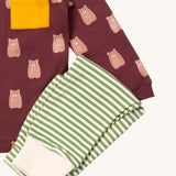 A close up of the Little Green Radicals green and cream striped jogger on top of the maroon brown bear t-shirt on organic cotton fabric

