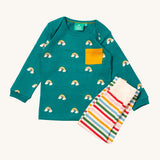 Little Green Radicals turquoise rainbow playset available at Babipur. Features a GOTS organic cotton long sleeve t-shirt in turquoise with prints of little rainbows on clouds with a yellow chest pocket and a striped jogger in rainbow inspired colours.