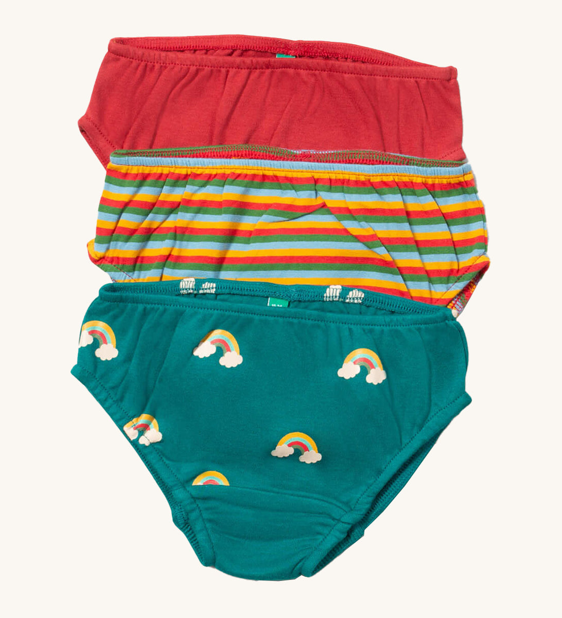Little Green Radicals turquoise rainbows underwear available at Babipur. A GOTS organic cotton underwear multipack, features red, a autumn inspired striped and turquoise coloured underwear with little prints of rainbows on clouds.