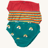 Little Green Radicals turquoise rainbows underwear available at Babipur. A GOTS organic cotton underwear multipack, features red, a autumn inspired striped and turquoise coloured underwear with little prints of rainbows on clouds.