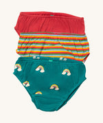 Little Green Radicals turquoise rainbows underwear available at Babipur. A GOTS organic cotton underwear multipack, features red, a autumn inspired striped and turquoise coloured underwear with little prints of rainbows on clouds.