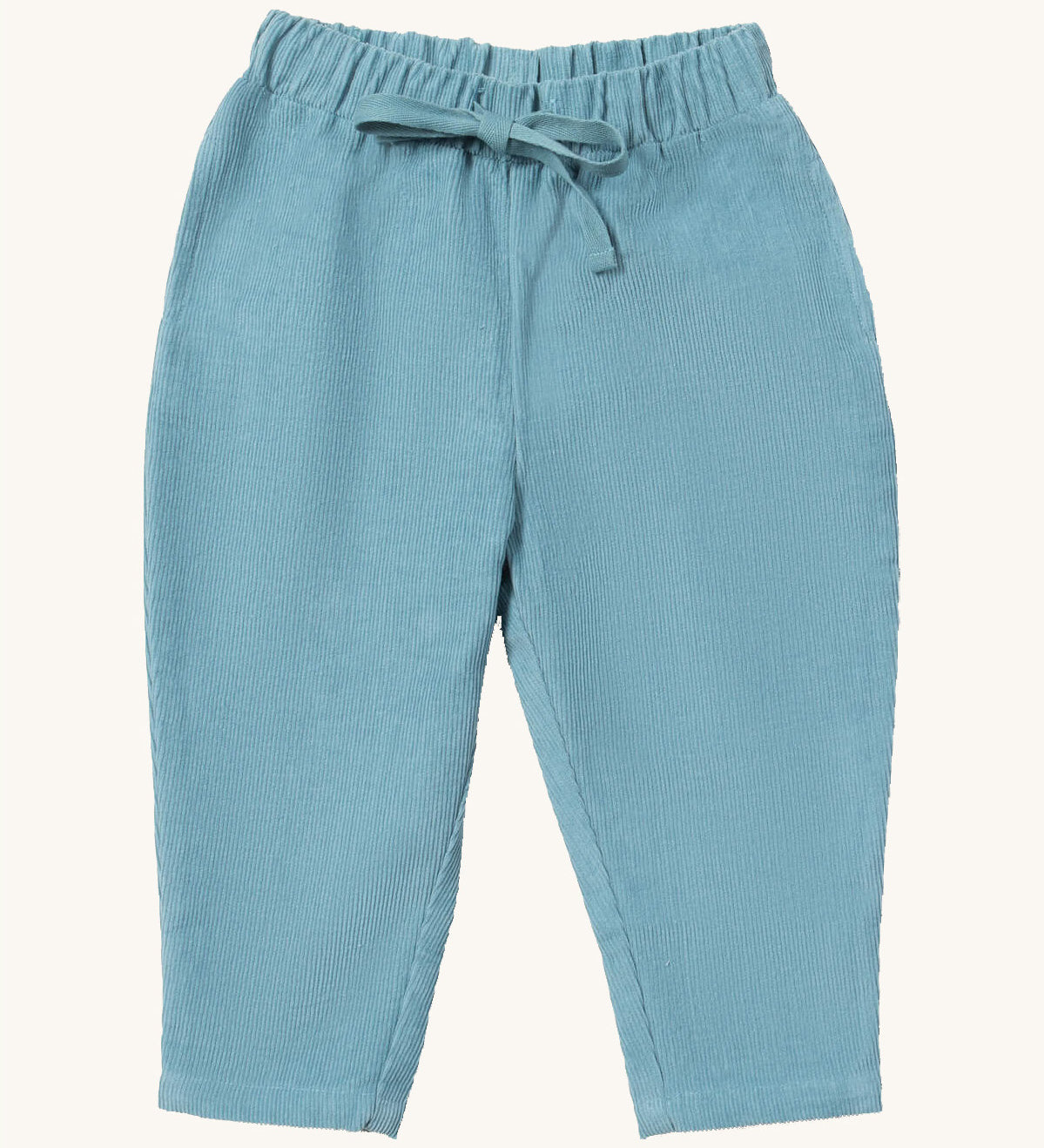 Little Green Radicals comfy trousers in pale blue corduroy available at Babipur. A soft GOTS organic cotton trousers in blue with elasticated waistband for a comfortable fit and a matching drawstring.