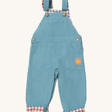 Little Green Radicals pale blue lined corduroy dungarees available at Babipur. A GOTS organic cotton dungaree in a corduroy style with a check inner. Features a small check pocket and 2 side pockets with a sun embroidery under the pocket 