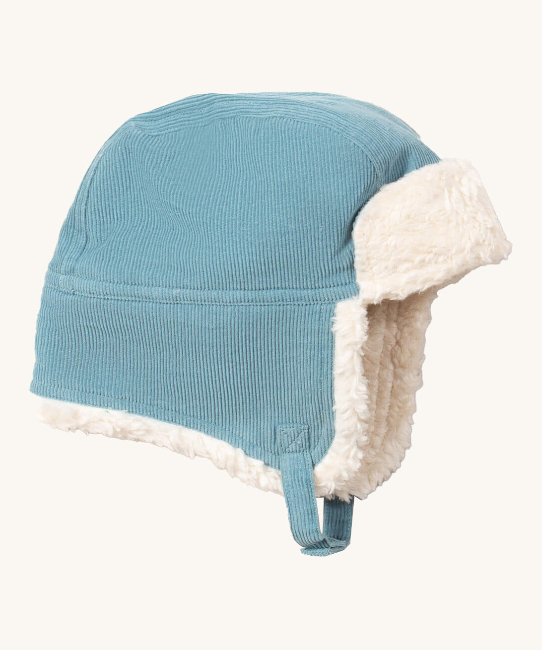 Little Green Radials sherpa fleece cosy hat in pale blue available at Babipur. A GOTS organic cotton blue hat in a corduroy style with turn up ear flaps and a white sherpa style fleece inner. Features a chin strap with popper fastener for a secure fit
