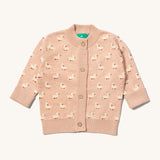 Little Green Radicals knitted cardigan in puddle ducks available at Babipur. A GOTS organic cotton cardigan in soft pink with cute white ducks. Features button fasteners for a secure fit