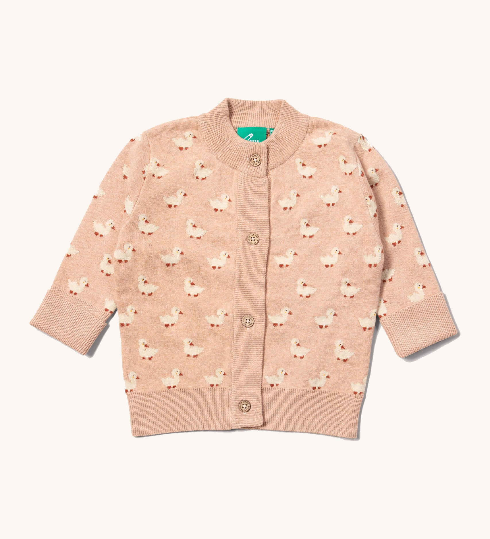 Little Green Radicals knitted cardigan in puddle ducks available at Babipur. A GOTS organic cotton cardigan in soft pink with cute white ducks. Features button fasteners for a secure fit