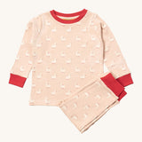 Little Green Radicals puddle ducks pyjama set available at Babipur.. A GOTS organic cotton pyjama top and bottom set in light pink with red trim and cute duck prints.