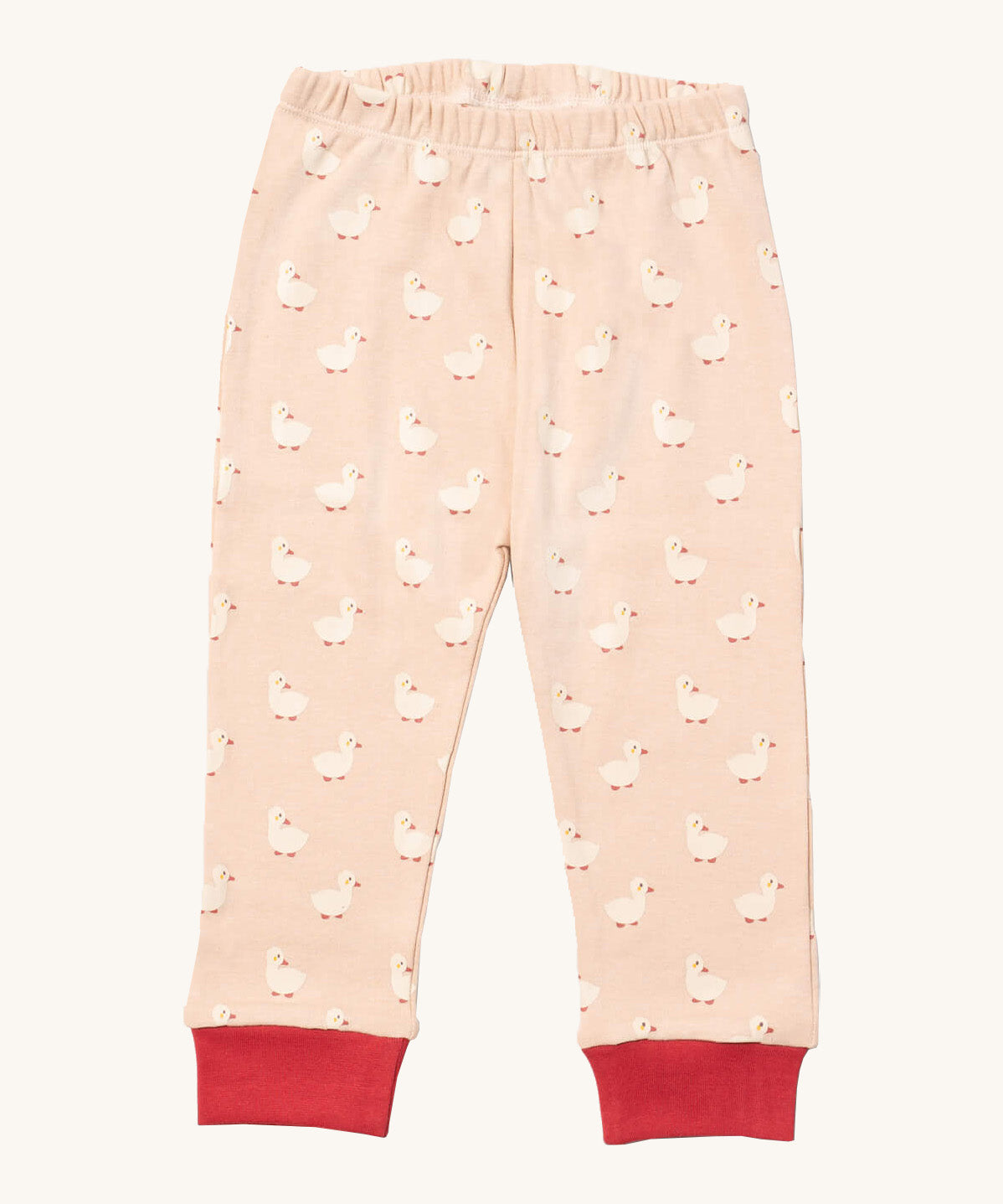 Little Green Radicals puddle duck pyjama bottom. A GOTS organic cotton bottom in light pink with a elasticated waistband and red cuff trim with cute duck prints. 