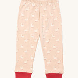 Little Green Radicals puddle duck pyjama bottom. A GOTS organic cotton bottom in light pink with a elasticated waistband and red cuff trim with cute duck prints. 