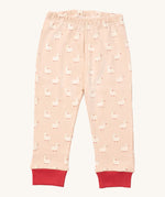 Little Green Radicals puddle duck pyjama bottom. A GOTS organic cotton bottom in light pink with a elasticated waistband and red cuff trim with cute duck prints. 