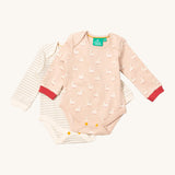 Little Green Radicals puddle ducks baby body suit 2 pack available at Babipur. A soft GOTS organic cotton bodysuit 2 pack in light pink with a cute duck print with red trim and a grey and cream striped bodysuit. Features yellow popper fastener around the crotch