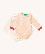 Little Green Radicals puddle ducks baby body suit 2 pack available at Babipur. A soft GOTS organic cotton bodysuit 2 pack in light pink with a cute duck print with red trim and a grey and cream striped bodysuit. Features yellow popper fastener around the crotch