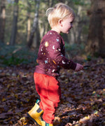 A child walking in woodland and wearing the Little Green Radicals flying birds quilted sweatshirt that's available at Babipur. A quilted style sweatshirt with cute prints of birds flying through a starry night on dark maroon organic cotton fabric.