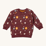 Little Green Radicals flying birds quilted sweatshirt available at Babipur. A GOTS organic cotton sweatshirt in dark maroon with quilted indents. Features cute prints of birds flying through a starry night.