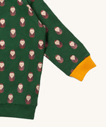 A close up of the Little Green Radicals brown owl raglan sweatshirt showing the yellow cuff detail and brown owl print on green organic cotton fabric.
