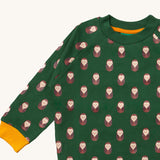 A close up of the Little Green Radicals brown owl raglan sweatshirt  that's available at Babipur, showing the yellow cuff detail, green collar and brown owl print on green organic cotton fabric.