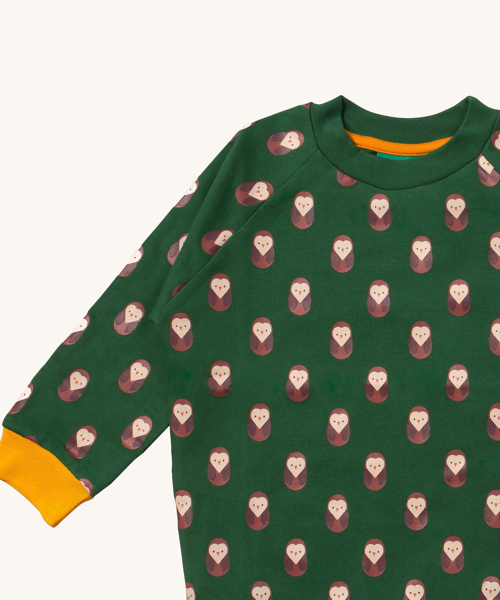 A close up of the Little Green Radicals brown owl raglan sweatshirt  that's available at Babipur, showing the yellow cuff detail, green collar and brown owl print on green organic cotton fabric.