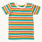 Little Green Radicals Rainbow Stripes Summer Short Sleeve T-Shirt. Made from GOTS Organic Cotton, this fun striped t-shirt comes with white, green, yellow, red and peach horizontal stripes, a white collar and popper fasteners on the left shoulder