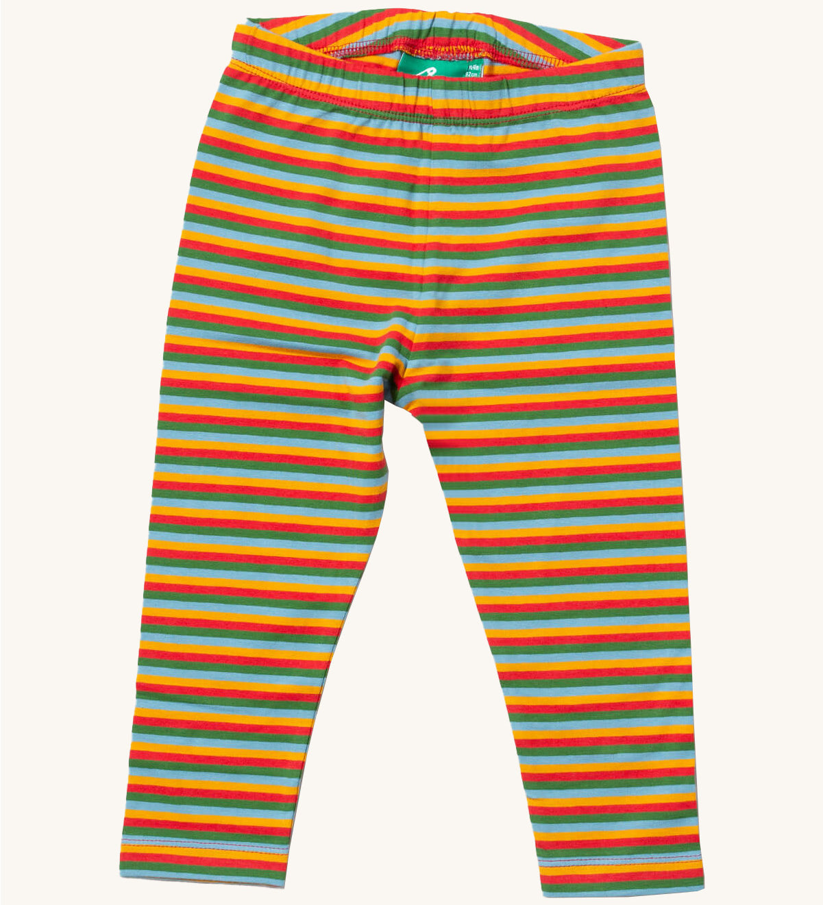 Little Green Radicals rainbow striped organic leggings. A soft GOTS organic cotton leggings in a autumn inspired rainbow stripe design. Features an elasticated waist band for a comfortable fit. 