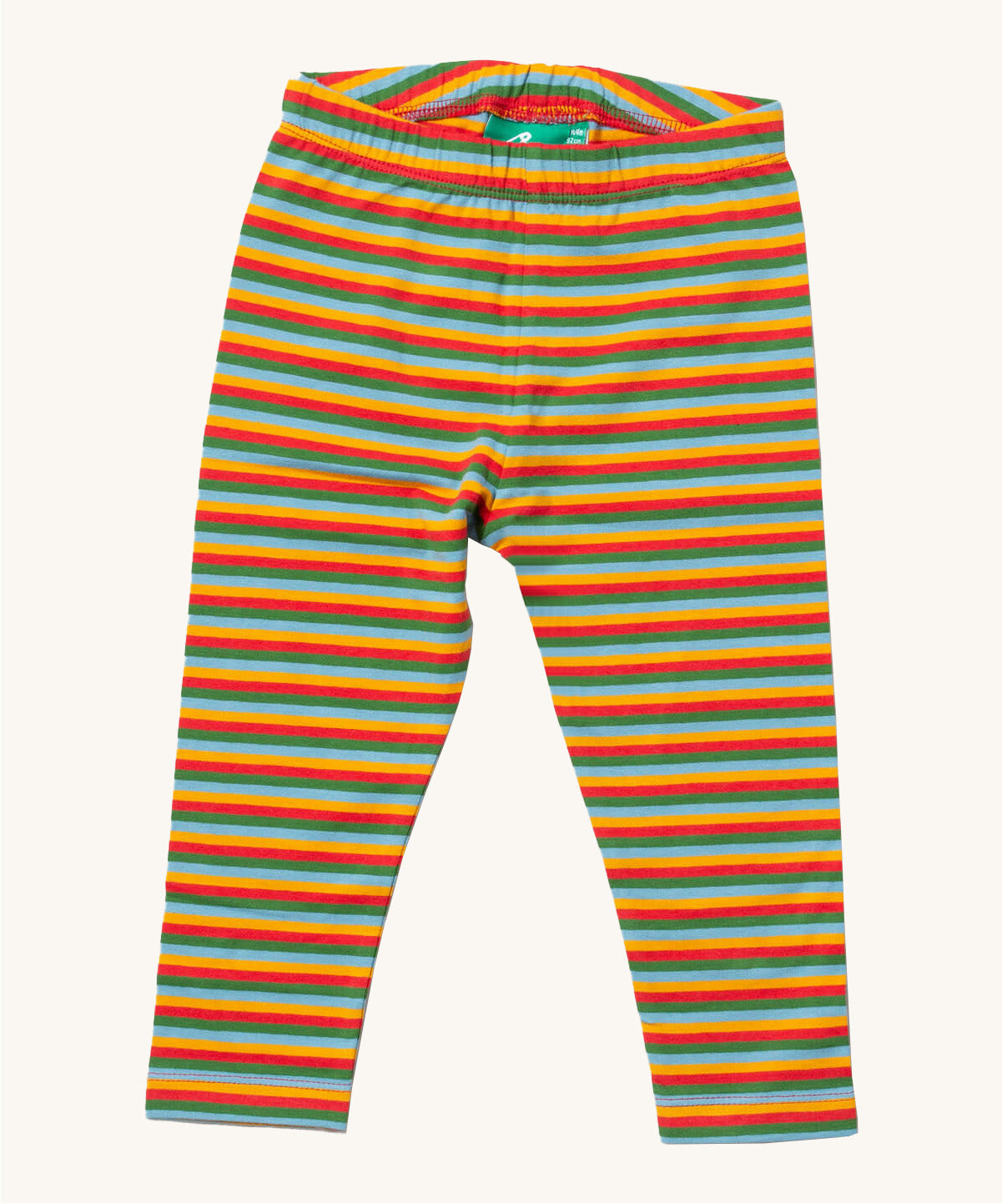 Little Green Radicals rainbow striped organic leggings. A soft GOTS organic cotton leggings in a autumn inspired rainbow stripe design. Features an elasticated waist band for a comfortable fit. 