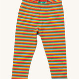 Little Green Radicals rainbow striped organic leggings. A soft GOTS organic cotton leggings in a autumn inspired rainbow stripe design. Features an elasticated waist band for a comfortable fit. 
