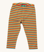 Little Green Radicals rainbow striped organic leggings. A soft GOTS organic cotton leggings in a autumn inspired rainbow stripe design. Features an elasticated waist band for a comfortable fit. 