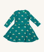 Little Green Radicals rainbow turquoise twirly dress available at Babipur. A GOTS organic cotton dress with long sleeves a popper fastener on the back. Features cute prints of rainbows on clouds.