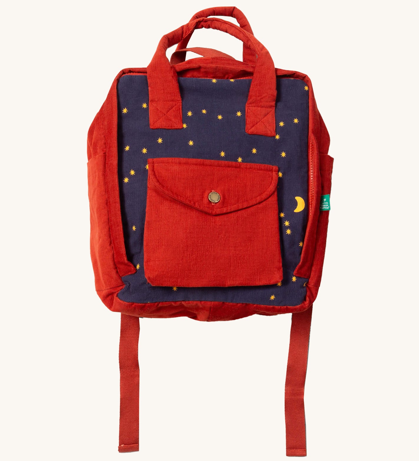 Little Green Radicals ready for adventure backpack in dark night available at Babipur. A 100% organic cotton backpack in a navy and red corduroy style with a starry night design. Features a handle on the top for easy carrying a front pocket and 2 bottle holders