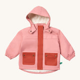 Little Green Radicals waterproof coat in coral available at Babipur. A thick pink with dark pink trim winter's coat made from recycled polyester. Features a sherpa fleece inner liner, a hood, a full length zip and 2 side pockets. 