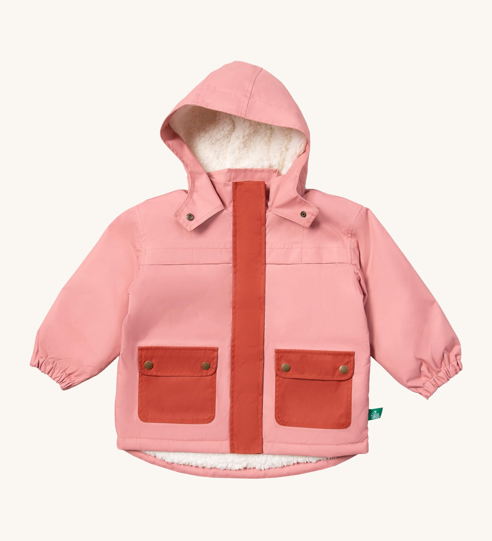 Little Green Radicals waterproof coat in coral available at Babipur. A thick pink with dark pink trim winter's coat made from recycled polyester. Features a sherpa fleece inner liner, a hood, a full length zip and 2 side pockets. 
