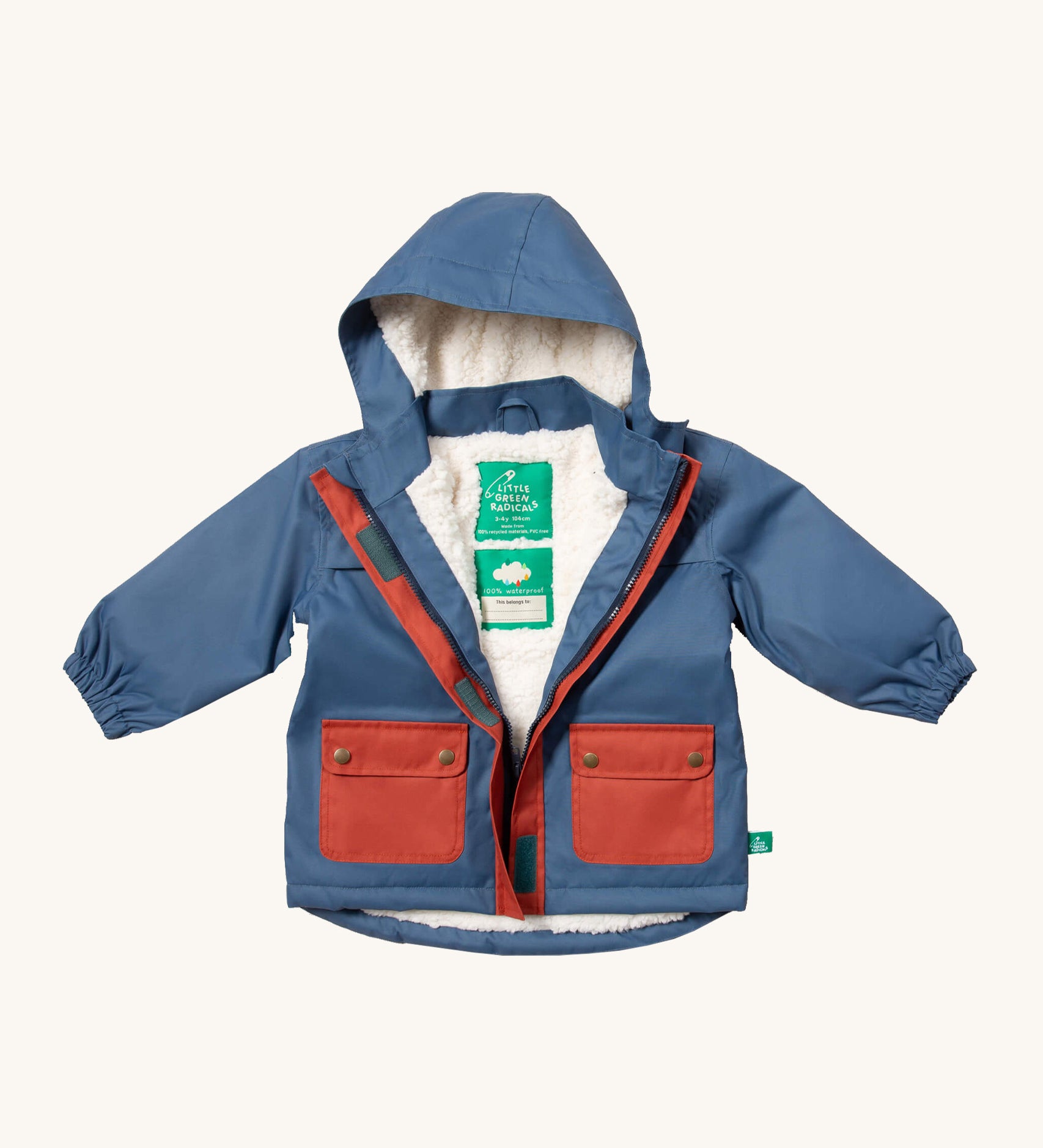 Little Green Radicals waterproof coat in moonlight blue available at Babipur. A thick blue with red trim winter's coat made from recycled polyester. Features a sherpa fleece inner liner, elasticated arm cuffs fora. snug fit and a full length zip  with a sherpa fleece inner liner