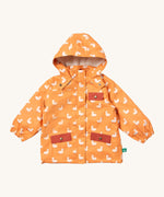 Little Green Radicals waterproof adventure coat in gold ducks available at Babipur. A yellow waterproof coat with cute white duck prints and red trim. Features a hood with a white sherpa fleece liner, a full length zip, a chest pocket and 2 side pockets. 