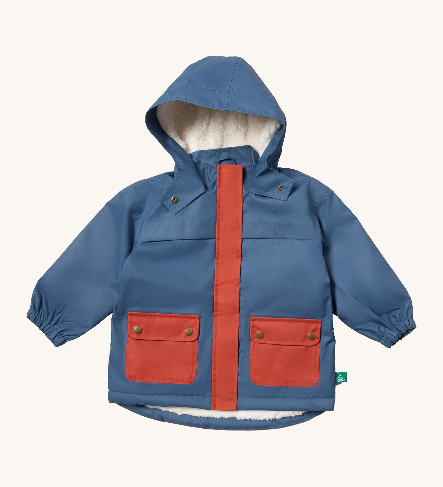 Little Green Radicals waterproof coat in moonlight blue available at Babipur. A thick blue with red trim winter's coat made from recycled polyester. Features a sherpa fleece inner liner, a hood, a full length zip and 2 side pockets. 