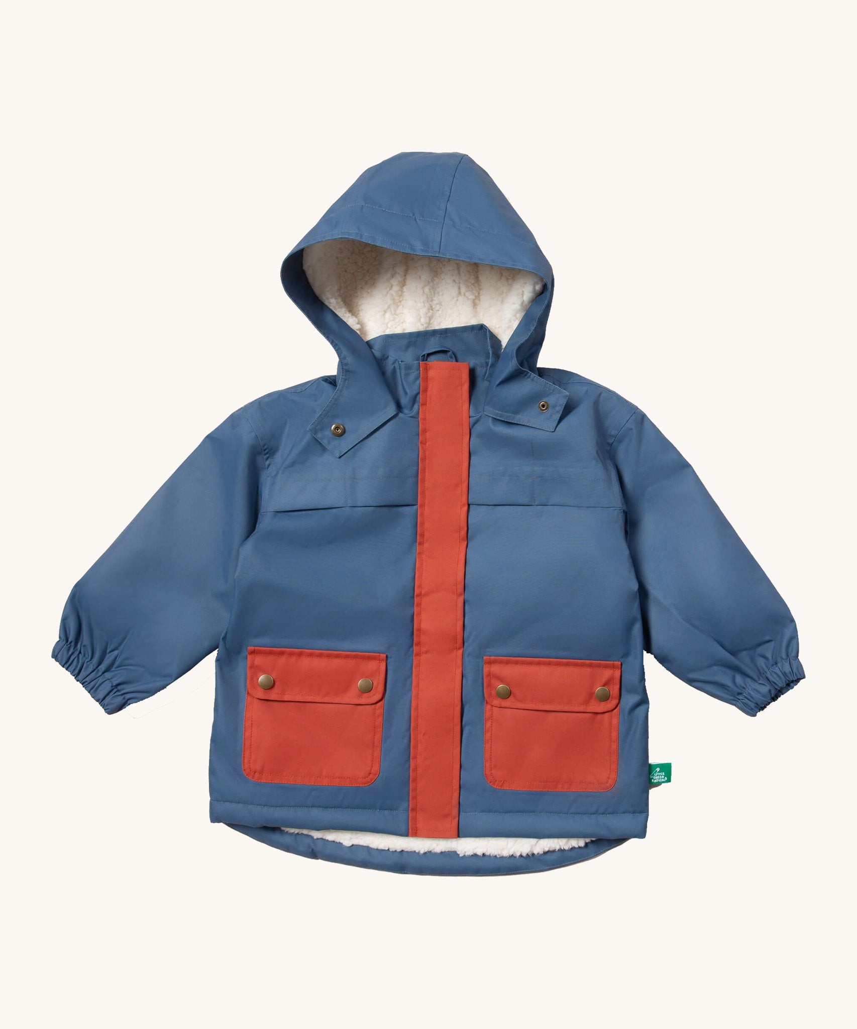 Little Green Radicals waterproof coat in moonlight blue available at Babipur. A thick blue with red trim winter's coat made from recycled polyester. Features a sherpa fleece inner liner, a hood, a full length zip and 2 side pockets. 