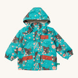 Little Green Radicals waterproof adventure coat in winter rabbits available at Babipur. A turquoise waterproof coat with prints of rabbits in pink flowers. Features a hood with a white sherpa fleece liner, a full length zip, a chest pocket and 2 side pockets with red trim.