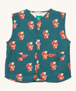 Little Green Radicals reversible gilet in red foxes and sherpa lined. A GOTS organic cotton gilet in teal with cute prints of foxes , 2 pouch pockets on the side and button fasteners. 