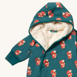 A close up of the Little Green Radicals sherpa line snow suit in red foxes. Showing the hood detail with sherpa fleece and the teal trim detail 
