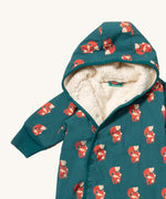 A close up of the Little Green Radicals sherpa line snow suit in red foxes. Showing the hood detail with sherpa fleece and the teal trim detail 