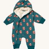 Little Green Radicals sherpa line snow suit in red foxes. A GOTS organic cotton winter all in one outfit in teal with a cute fox prints . Features a sherpa lined inner for warmth and popper fasteners. 