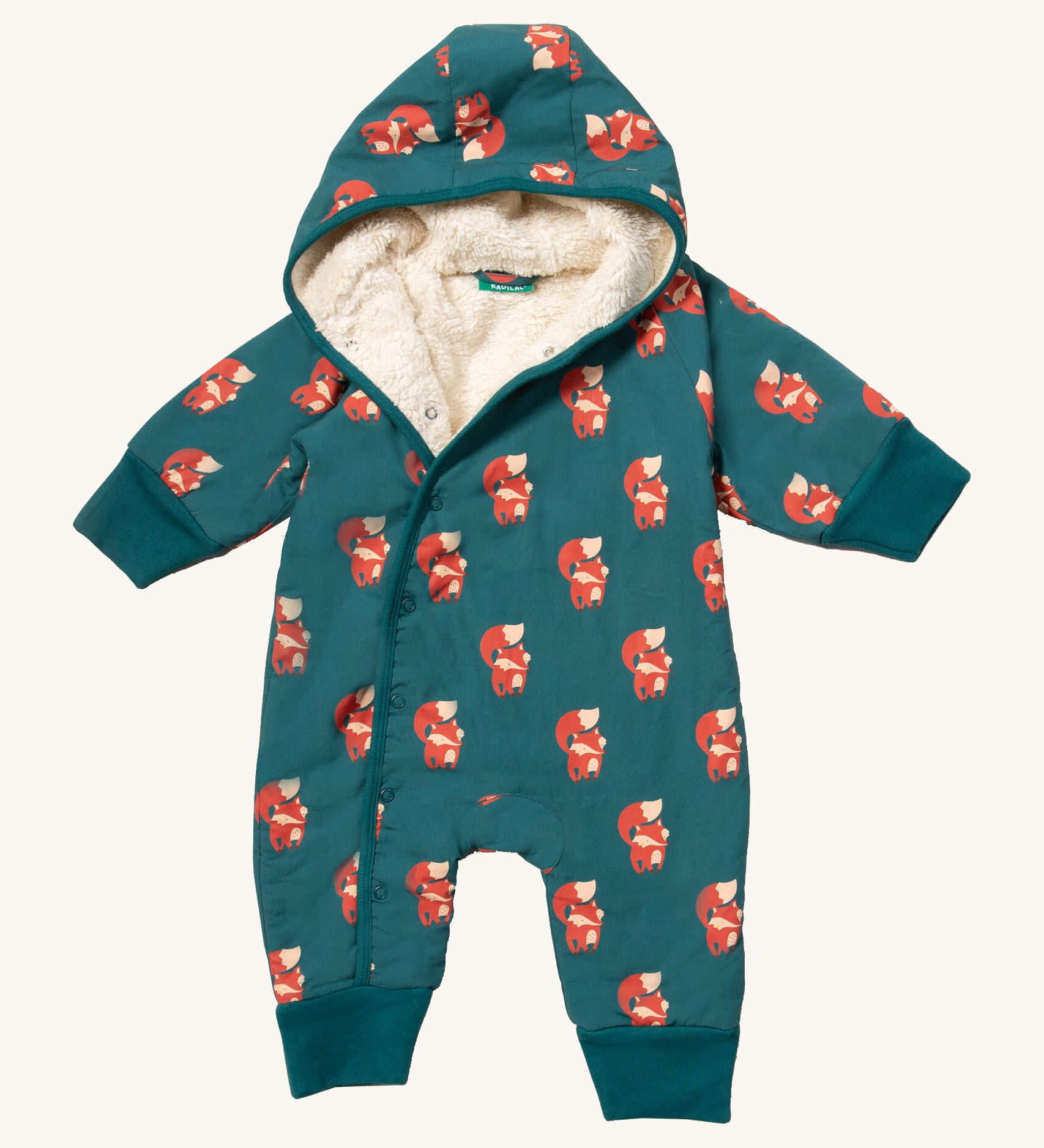 Little Green Radicals sherpa line snow suit in red foxes. A GOTS organic cotton winter all in one outfit in teal with a cute fox prints . Features a sherpa lined inner for warmth and popper fasteners. 