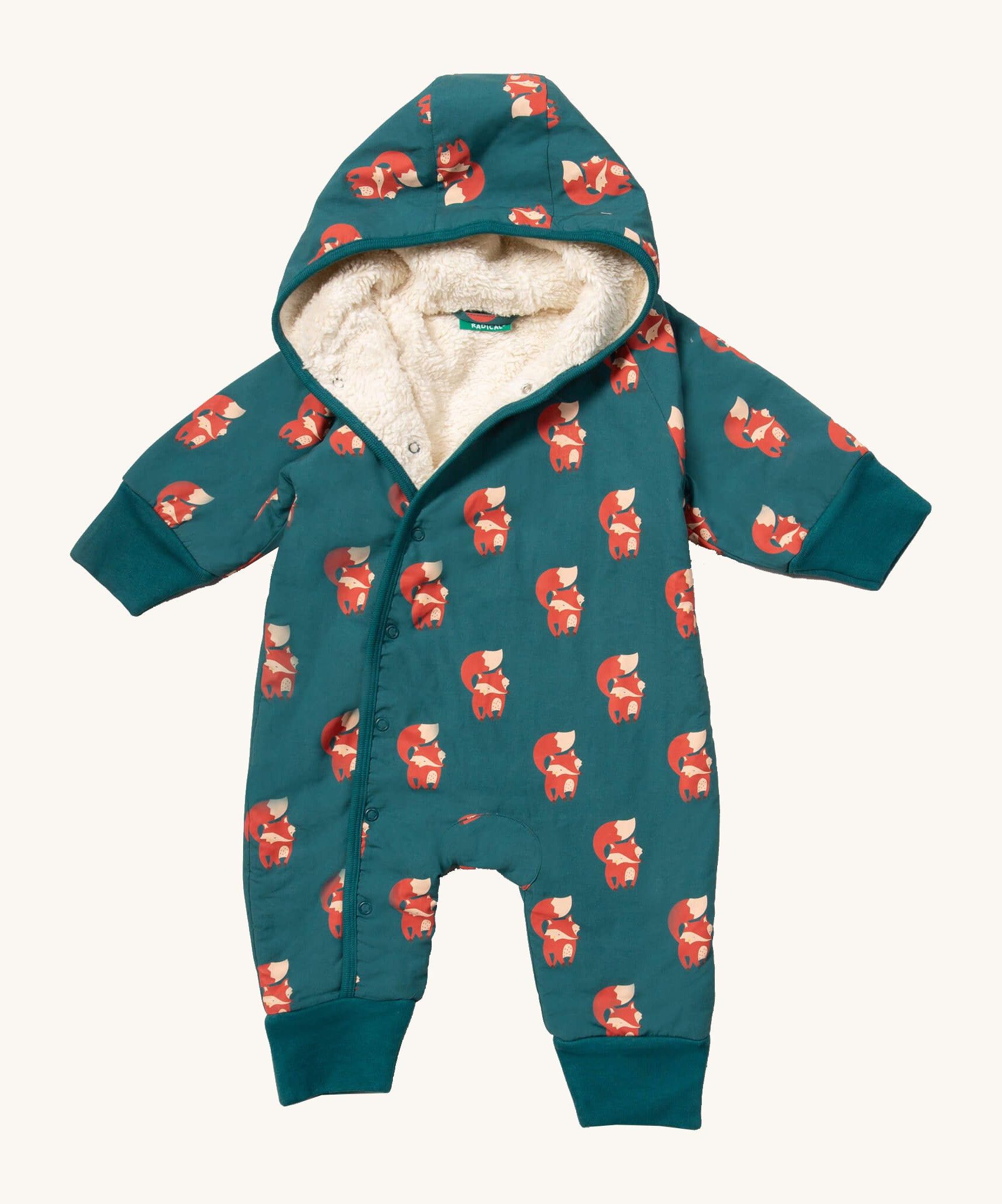 Little Green Radicals sherpa line snow suit in red foxes. A GOTS organic cotton winter all in one outfit in teal with a cute fox prints . Features a sherpa lined inner for warmth and popper fasteners. 