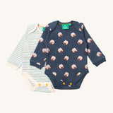 Little Green Radicals sheep baby body suit 2 pack available at Babipur. A soft GOTS organic cotton bodysuit 2 pack in navy with a cute sheep print and a light blue and cream striped bodysuit. Features yellow popper fastener around the crotch